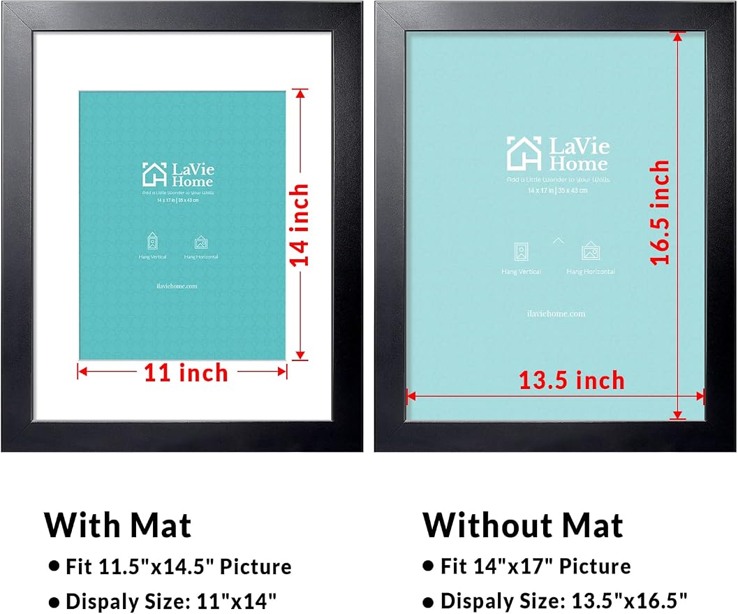 LaVie Home 14 x 17 Poster Frame Black, Display Pictures 11x14 with Mat or 14x17 Without Mat, Stable and Sturdy Picture Frame and Polished Plexiglass, Horizontal and Vertical Format of The Wall（1 Pack）