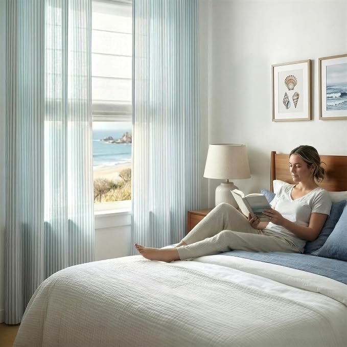 jinchan Linen Curtains 96 inch Aqua Blue Stripe on White Grommet 2 Panels | Curtains for Living Room Bedroom,Ticking Vertical Stripe ,Modern Beachy Coastal Drapes,Window Treatment,Light Filtering