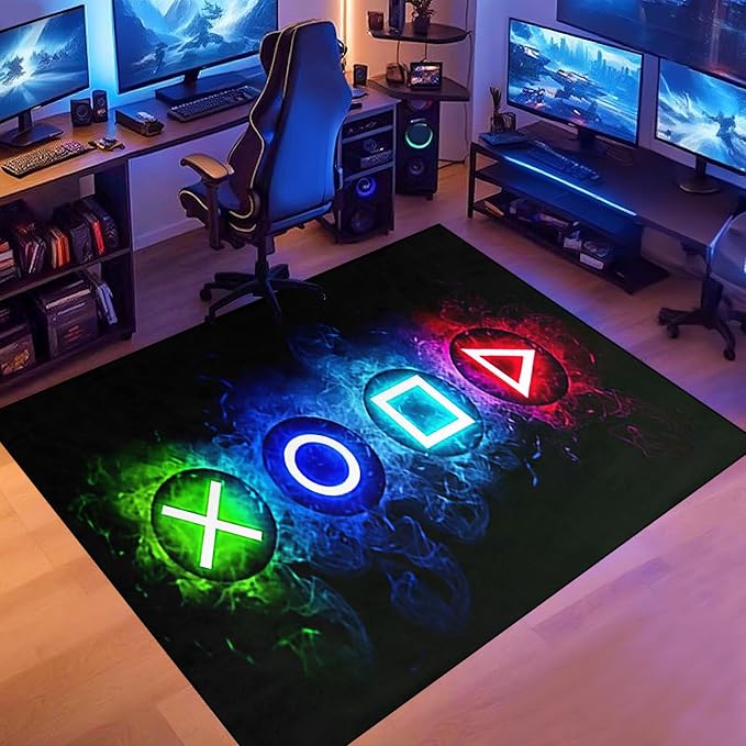 Gaming Rug 5x7 Feet Black Video Console Controller Gamer Rug for Boys Room, Non-Slip Teens Boys Game Room Rugs Bedroom Playroom Livingroom