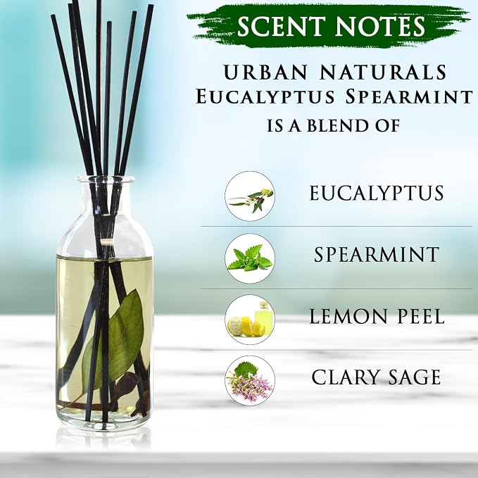 Urban Naturals Reed Diffuser Set, Eucalyptus Spearmint - Stress Relief | Fragrance your Space, Fresh Scented Room Freshener and Home Decor, Home Gift Idea. Vegan