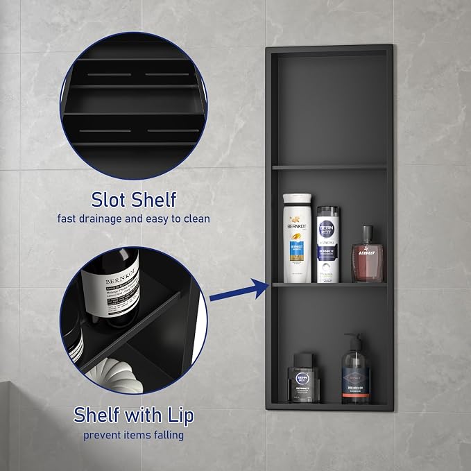 Stainless Steel Shower Niche 36" X 12" Matte Black No Tile Needed Wall Vertical Niche Three-Tier Shelves Recessed Shower Shelf for Bathroom Storage Over Mount Installation