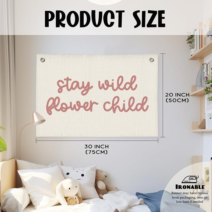 Girls Room Nursery Decor, Stay Wild Flower Child Linen Canvas Banner Wall Hanging Flag Decor for Little Toddler Baby Girls Room Playroom, Baby Shower Girl Decorations