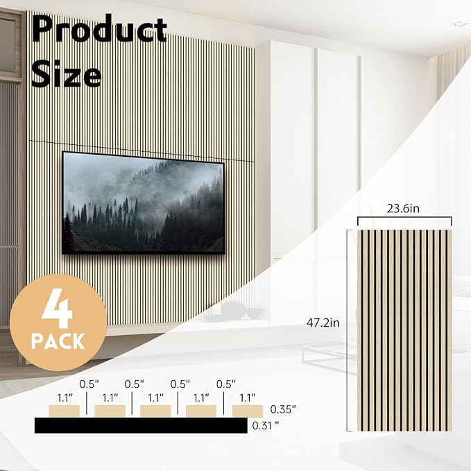 RITOLLO 4 Pack Wood Panels for Wall, 47.2"×23.6" Wood Slat Acoustic Panels for Wall, Soundproof Panels, 3D Fluted Panels for Interior Decor (Natural Oak)