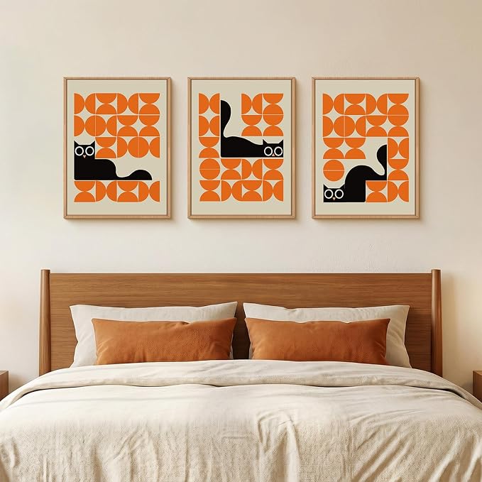 HOURIA Geometric Black Cat Framed Canvas Wall Art Set,Abstract Orange & Cream Wall Decor,Round Eyes Playful Kitten Wall Painting,Modern Animal Prints for Nursery,Living Room,Office - 12"x16"x3