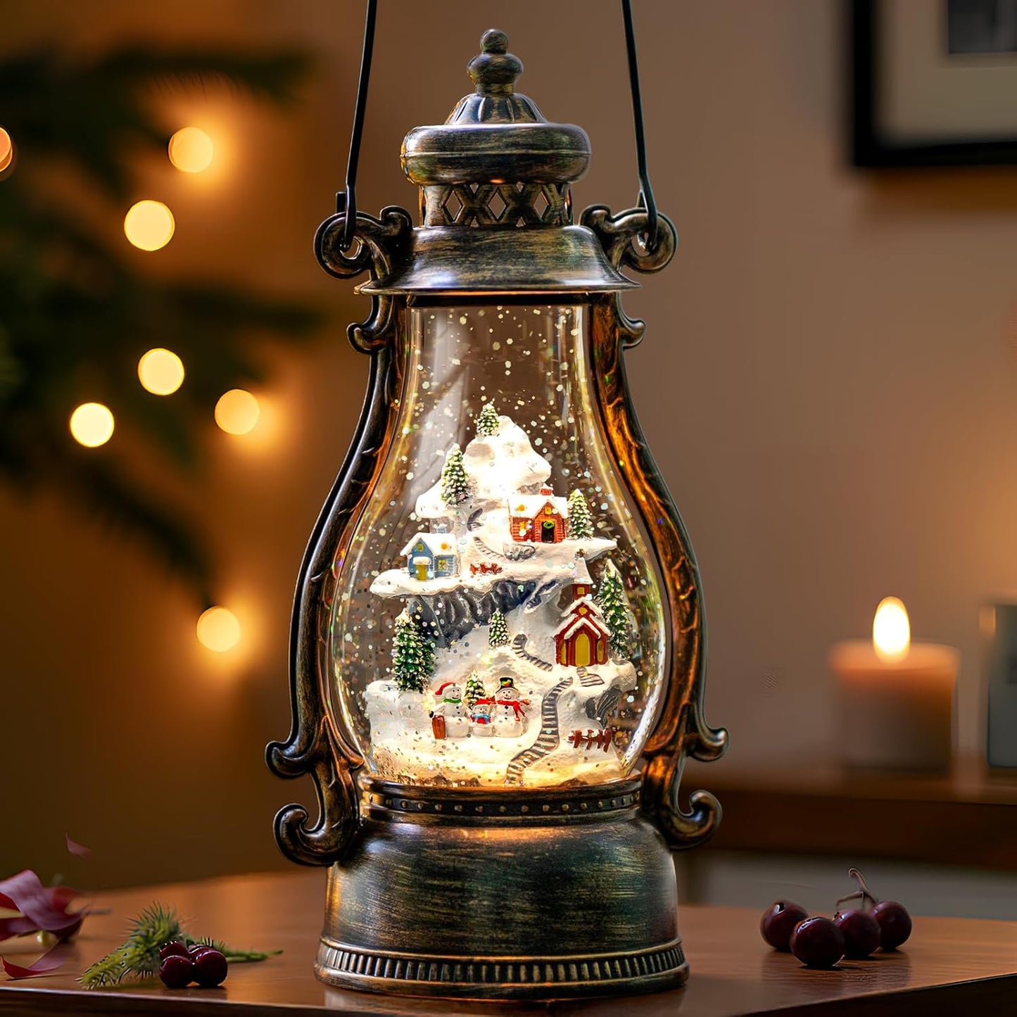 Christmas Village Buildings Tall Snow Globe Lantern Water Glittering Snowman Family with Music & Timer, USB Lined/Battery Operated Lighted Lantern for Christmas Festival Decoration Gifts
