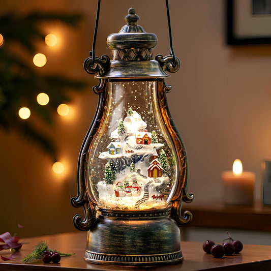Christmas Village Buildings Tall Snow Globe Lantern Water Glittering Snowman Family with Music & Timer, USB Lined/Battery Operated Lighted Lantern for Christmas Festival Decoration Gifts
