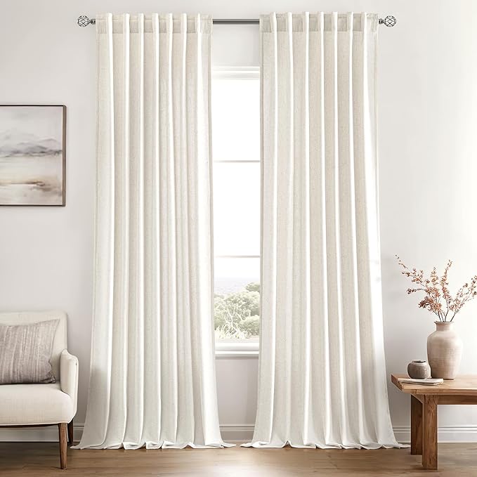 MIULEE Non-See-Through Privacy Linen Curtains 2 Panels, Light Filtering Window Curtains Farmhouse Textured Back Tab Semi Sheer Drapes for Bedroom Living Room, 52 x 102 Inches Long, Natural White