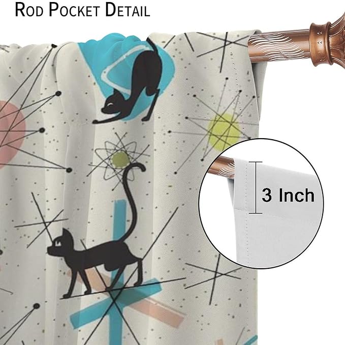 JESTRONRY Mid Century Curtains, Black Cat Atomic Stars Abstract Geometric Vintage Kitty Animal Room Darkening Door Window Rod Pocket Curtain for Living Room Bedroom 72x63in