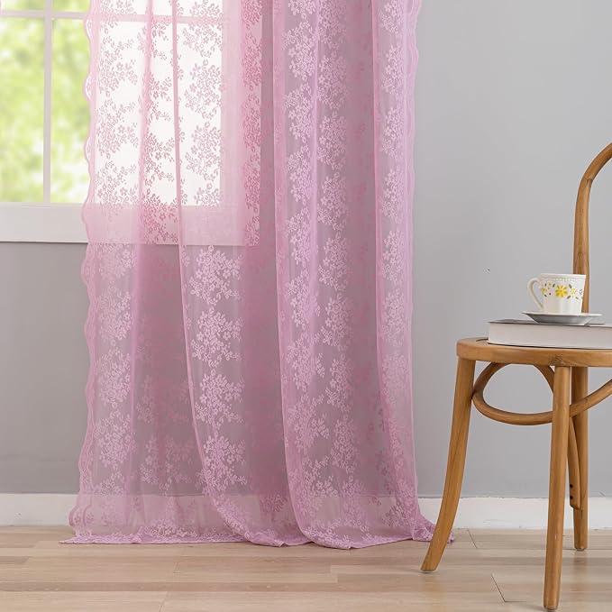 YJ YANJUN Vintage Lace Curtains 72 Inches Long-Victorian Floral Pattern Lilac Sheer Curtain Panels for Living Room Bedroom,Light Filtering, Cute Girls Drapes 2 Panels 52W x 72L Purple Blush