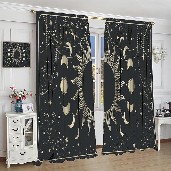 Golden Sun Moon Phases Stars Blackout Curtains, Cosmic Galaxy Bohemian Print Window Drapes, for Bedroom Living Room 52" W X 84" L