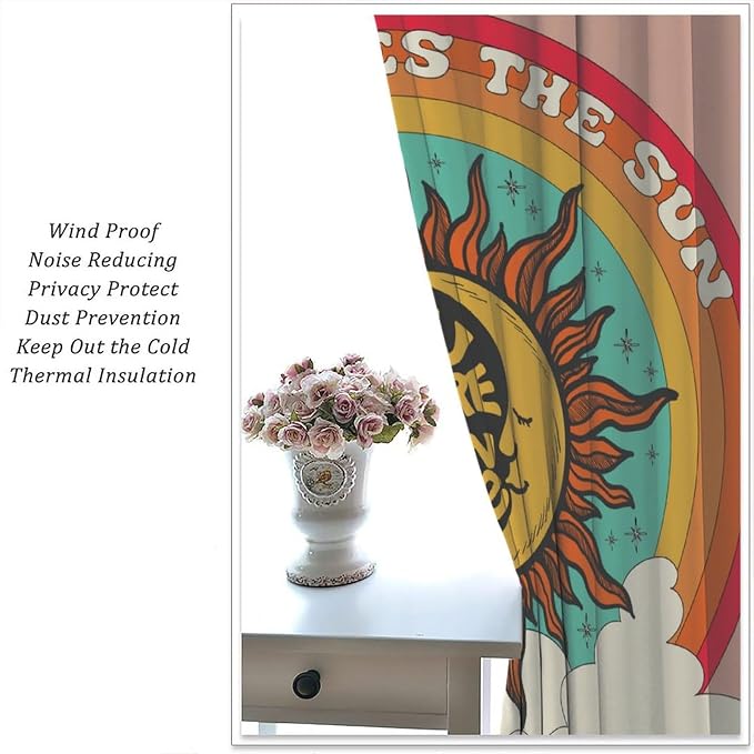 Vintage Sun Moon Blackout Curtains, 70S Groovy Retro Rainbow Clouds Window Treatment Drapes for Bedroom Living Room 84" W X 84" L