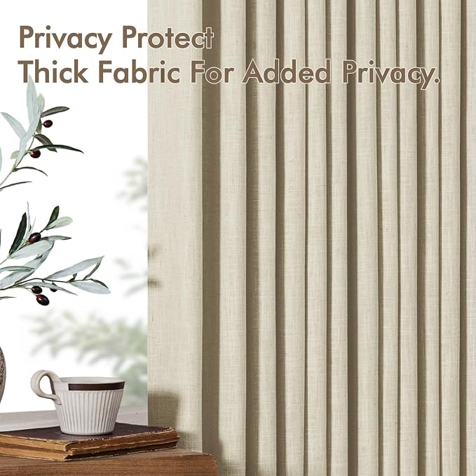 MIULEE Pinch Pleated Thick Linen Curtains 102 Inches Long 2 Panels for Living Room Bedroom, Beige Linen Textured Drapes Pleat Back Tab Memory Trained Light Filtering Curtains with Hooks