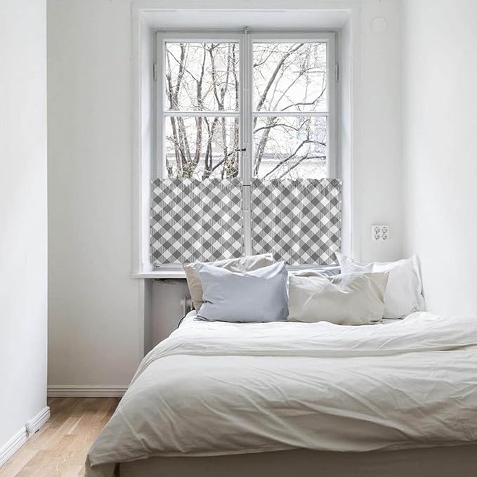 24 Inch Long Tier Curtains for Kitchen, Pastoral Style Grey Lattice Bathroom Window Curtains Rod Pocket Short Curtains Window Treatment Tiers for Living Room Farmhouse 2 Panels