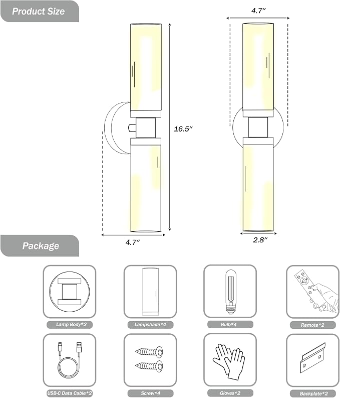 Rayogale Glass Battery Operated Wall Sconce Set of 2, Rechargeable Wireless Wall Lights Remote Control, 8000mAh Not Hardwired Timer Dimmable Wall Lamps for Living Room Bedroom Entryway Gold 16.5 Inch
