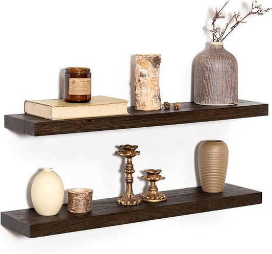 30 Inch Floating Shelves Set of 2, Rustic Solid Elm Wood Floating Shelf for Farmhouse, Living Room, Bedroom, Wall Mounted Bathroom Shelves Heavy-Duty Wall Shelf with Invisible Bracket, Walnut