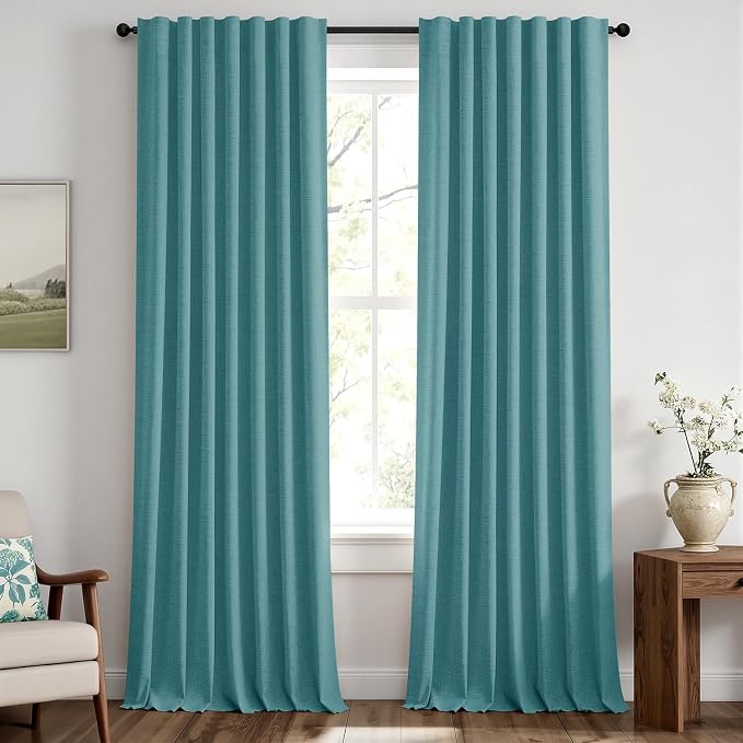 MIULEE 100% Blackout Linen Curtains for Bedroom, Teal Solid Luxury Decor Thermal Insulation Room Darkening Drapes for Living Room Back Tab Rod Pocket 42 x 96 Inches, 2 Panels