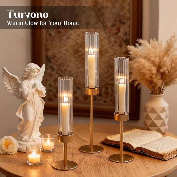 Gold Hurricane Candle Holders Set of 6, Brass Metal Candlestick Holders for Taper Candles, Modern Table Centerpiece Decor for Wedding, Party & Holiday Decorations