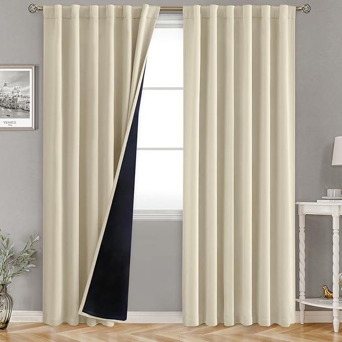 BGment Beige Full Blackout Curtains with Thermal Insulation Liner Curtains 90 Inches Long, Rod Pocket and Back Tab Double Layer Room Darkening Window Curtain for Bedroom(52 x 90 Inch, 2 Panels, Beige)