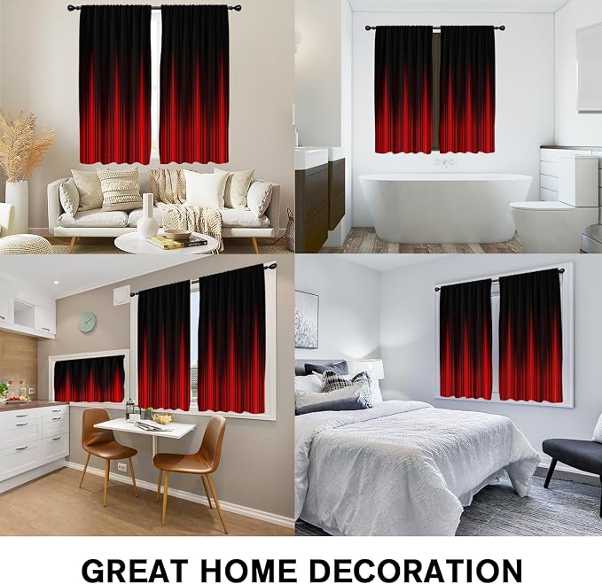Coxila Red and Black Kitchen Window Curtains 27.5 x 36 Inch Small Short Mini Cafe Rod Pocket Gothic Ombre Goth Dark Cool Anime Living Bedroom Room Home Treatment Set of 2 Curtain Panels Drapes Tiers