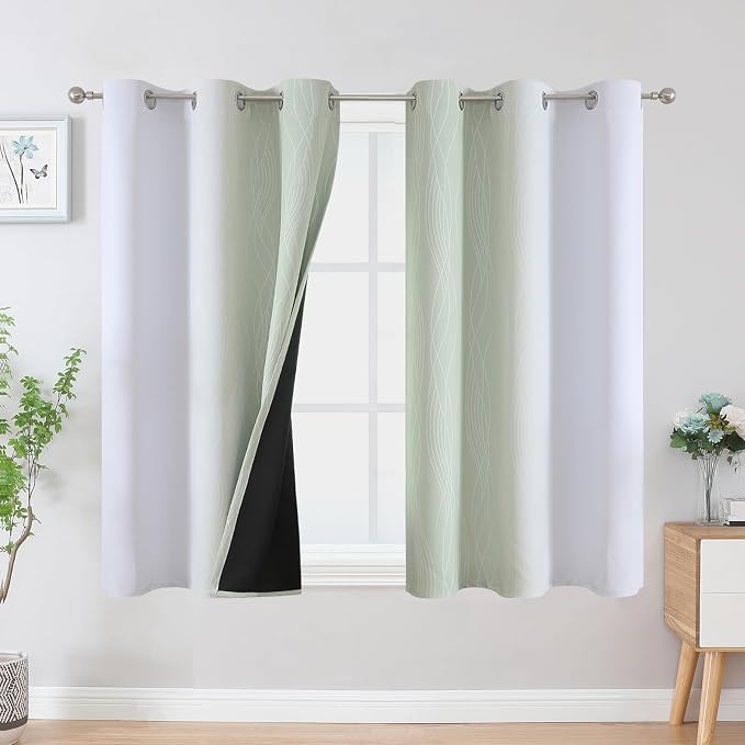 Estelar Textiler Sage Green and Greyish White Ombre Blackout Curtains 54 Inch Length 2 Panels, Full Room Darkening Drapes for Window, Thermal Insulated Grommet Short Curtains for Bedroom,42Wx54L