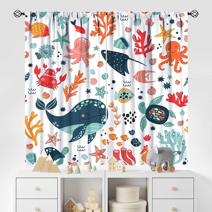 YCness Kids Cute Whale Curtains Funny Cartoon Ocean Animal Octopus Coral Art Printed Blackout Window Drapes for Boys Girls Bedroom Nursery Decor Fabric Set 2 Panel 42x63 Inch 80% Shading Rate