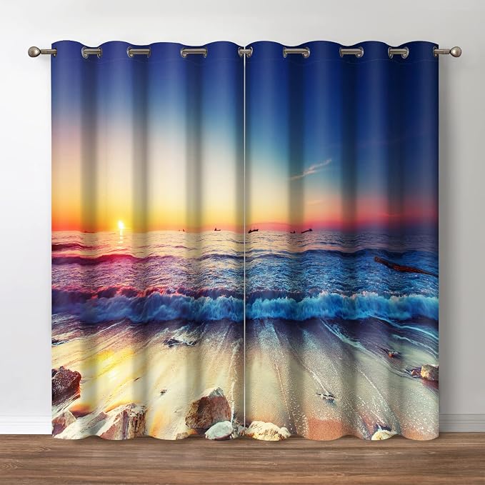 Jekeno Sea Beach Blackout Curtains - Seaside Beach Stones Ocean Waves at Dusk Sunset Scenery Print Decor Home Bedroom Living Room Darkening Grommet Window Drapes 2 Panel Set,42"x54"
