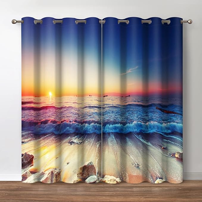 Jekeno Beach Blackout Curtains - Sea Beach Stones Ocean Waves at Dusk Seaside Sunset Scenery Print Decor Home Bedroom Living Room Darkening Grommet Window Drapes 2 Panel Set,42"x63"