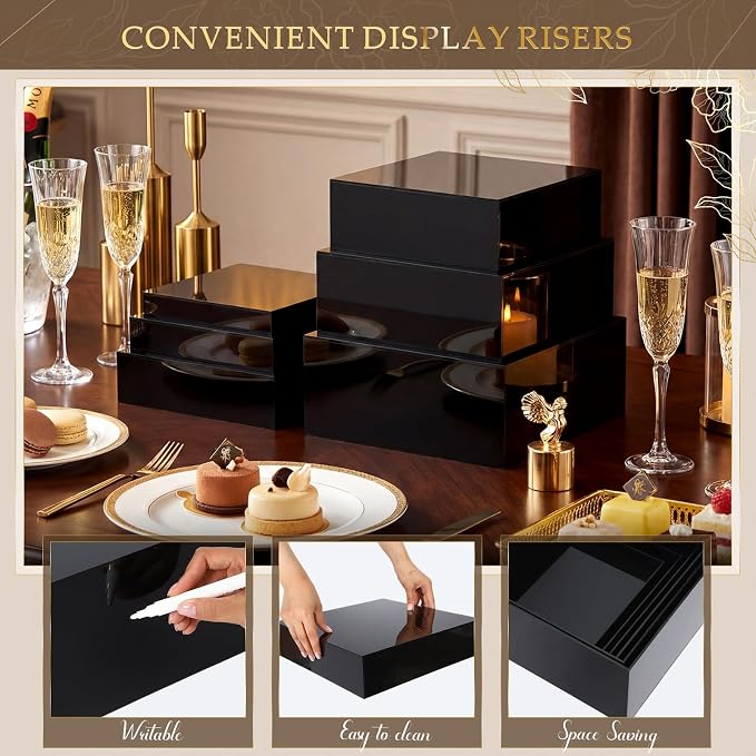 Geelin 6 Pack Acrylic Risers for Display Acrylic Cube Boxes Risers Display Stands with Hollow Bottoms Decorative Stand for Jewelry Candy Table Decor 6 Sizes(Black,10 to 15 Inch,Square)