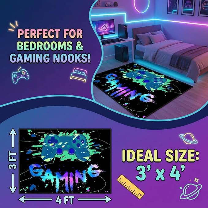Game Controller Area Rug for Boys Large Video Gaming Carpet Children Gamer Rugs for Bedroom Boys Teen Printed Gamepad Play Carpet Decor Throw Decorate Doormats 3'x4'