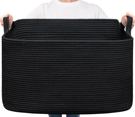 Goodpick Extra Large Storage Basket, 23.6" x 15.7" x 13.8" Rectangle Cotton Rope Basket for Blankets, Pillows, Toys, Woven Dirty Clothes Baskets for Laundry, Black