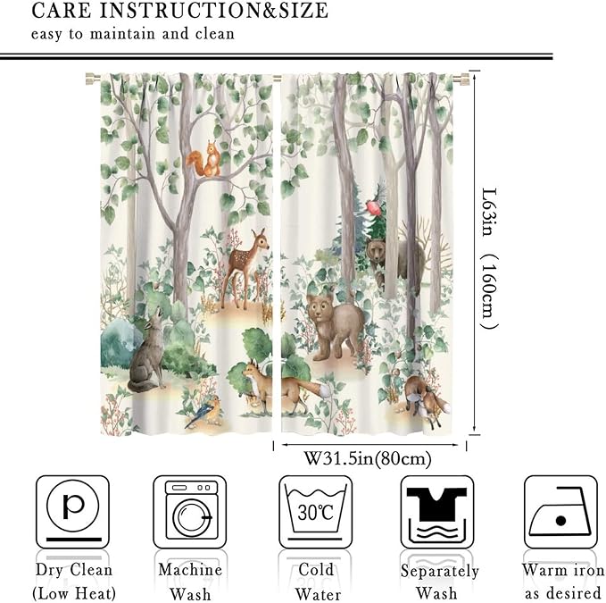 Forest Animal Kids Curtains, Wild Rustic Bear Fox Deer Children Cartoon Window Treatments for Living Room, Watercolor Blackout Drapes 2 Panel Sets,63x63 Inch