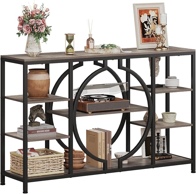 GiftGo 47" Industrial Console Tables for Entryway Rustic Sofa Table Behind Couch 4 Tier Wooden Shelves Entry Table with Storage for Foyer, Hallway, Front Door,Living Room (Retro Grey, 47")