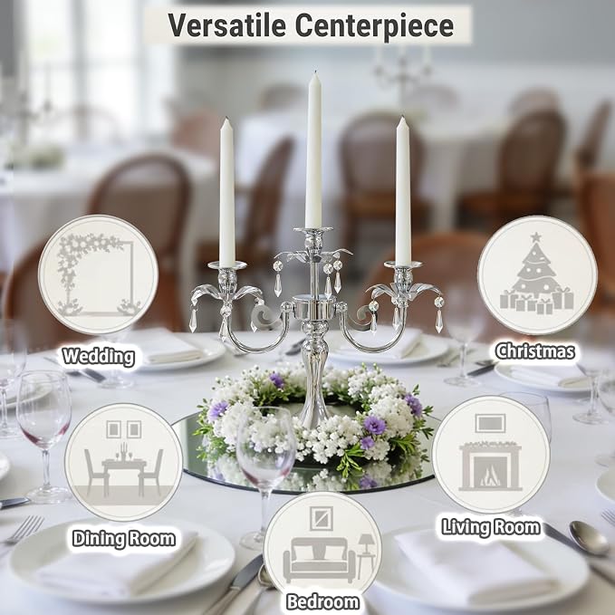 Metal 3 Arm Candelabra with Crystal Pendants - 11.8 Inch Tall Candle Holders, Elegant Taper Candlestick Stand for Wedding, Dining Table, Christmas Party Home Decoration (1pc, Silver)