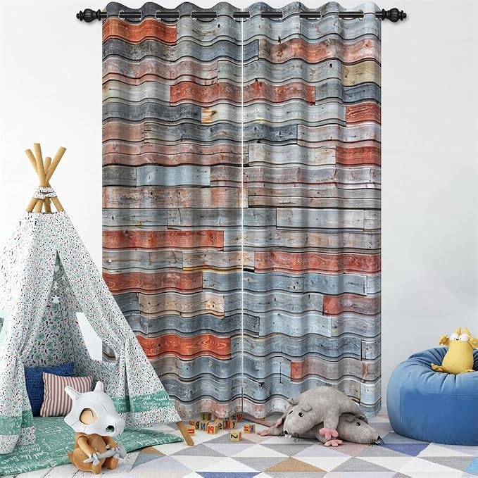 Wooden Curtains Wood Planks Wall Textured Art Print Wooden Window Curtains Grain Cottage Rustic Wooden Barn Door Hardwood Garage Door Living Room Bedroom Window Drapes,26x84 inch,2 Panels