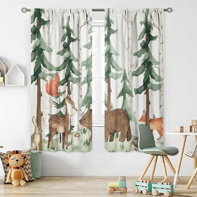 Forest Nursery Curtains - Woodland Bear & Wildlife Theme, Blackout 52x84 Inch 2 Panels