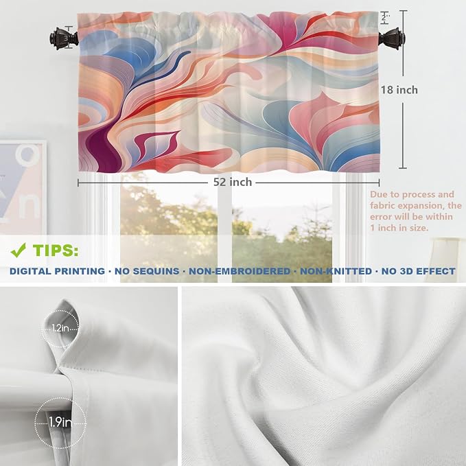 Shrahala Colorful Waves Blackout Short Curtains for Windows, Fluid Abstract Pattern Kitchen Valance Thermal Insulated Rod Pocket Window Treatment for Bathroom 2 Pack 52 X 18 in