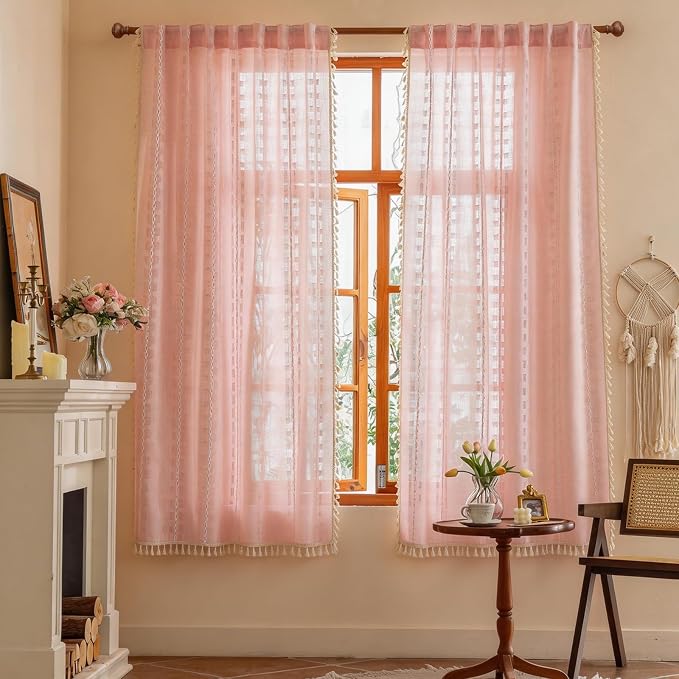 Pink Boho Semi Sheer Curtains 63 inch Length 2 Panel Set for Bedroom & Farmhouse, Bohemian Light Filtering Privacy Drapes Beige Tassels Shabby Chic Embroidery Window Curtains Back Tab & Rod pocket