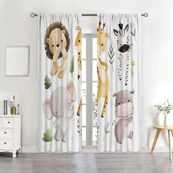 Nursery Curtains Jungle Safari Theme with Giraffe Print, Kids Room Classroom Decor, 42x45 Inches, 75% Blackout Fabric for Baby Nursery, Animal Cub Design, Easy Install & Machine Washable