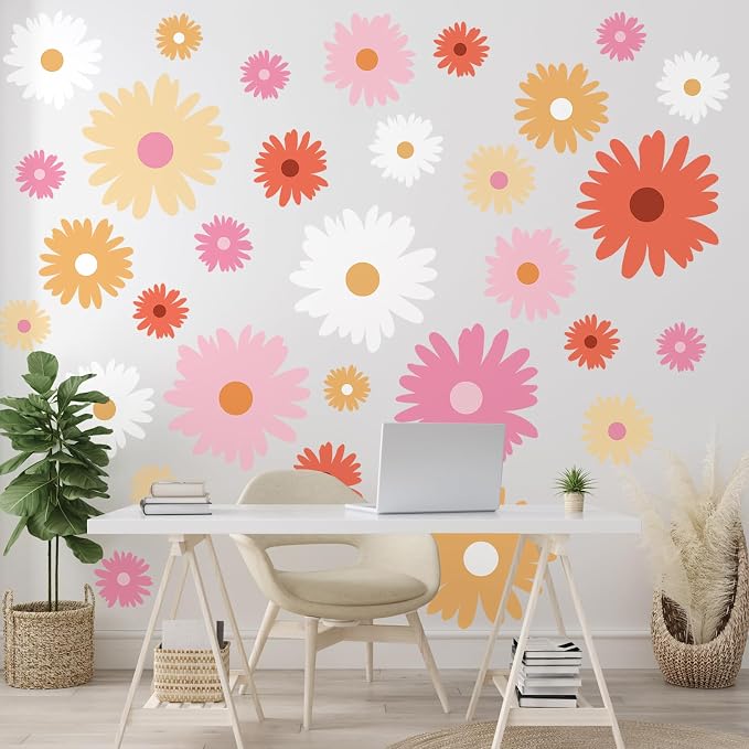 TaoBary 12 Sheet Daisy Wall Sticker Decal Removable Cute Daisy Bedroom Room Decor Flower Wall Sticker Pink White Flower Decal Wallpaper Peel and Stick for Nursery Home(Bright Color,Artsy Style)