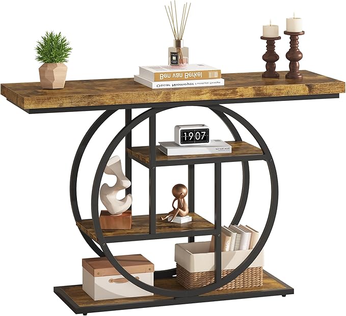 Entryway Table for Foyer,47.2 Inch Industrial Narrow Console Table,Accent Decor Living Room Furniture,Hallway & Sofa Table for Entrance,4-Tier Storage Shelves,Metal Frame,Thick Wood Top
