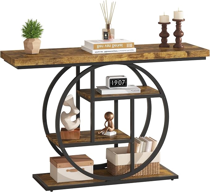 Entryway Table for Foyer,41.3 Inch Industrial Narrow Console Table,Accent Decor Living Room Furniture,Hallway & Sofa Table for Entrance,4-Tier Storage Shelves,Metal Frame,Thick Wood Top