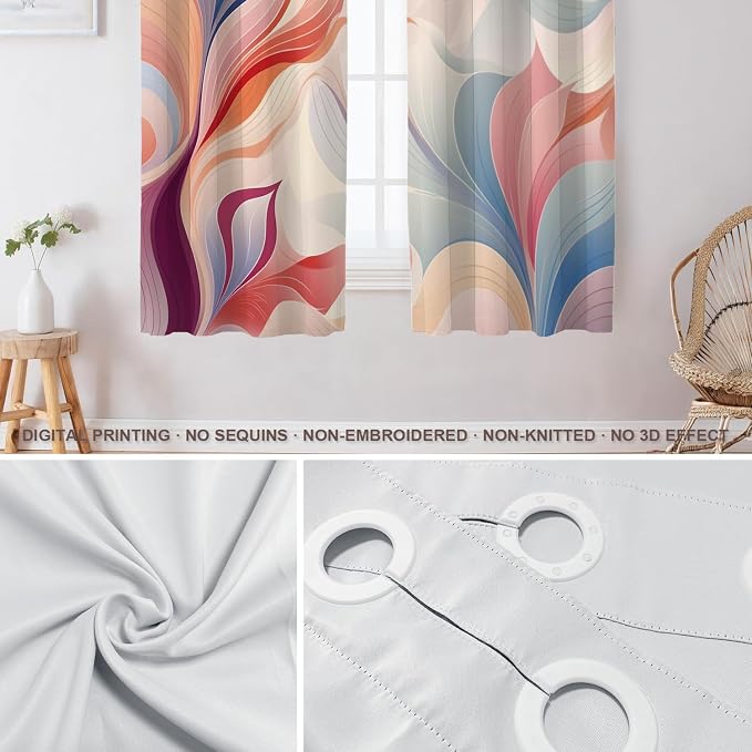 Shrahala Colorful Waves Blackout Window Curtains, Fluid Abstract Pattern Thermal Insulated Curtains Grommet Long Drapes for Bedroom,Living Room (2 Panels, 52 X 63 in)