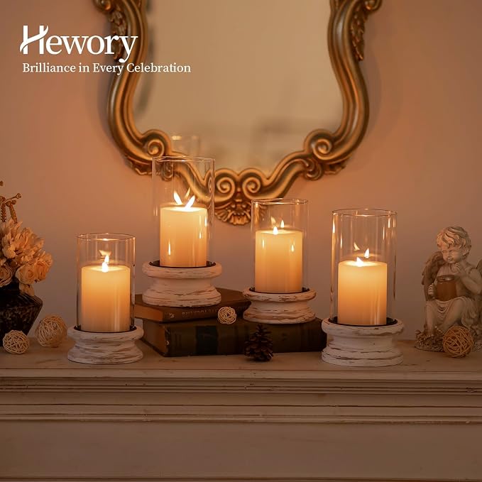 Hewory Hurricane Glass Candle Holder: Rustic White Candle Holders for Pillar Candles, Vintage Decorative Wood Stand with Clear Cylinder Glass for Table Centerpiece Fireplace Mantel Farmhouse Decor