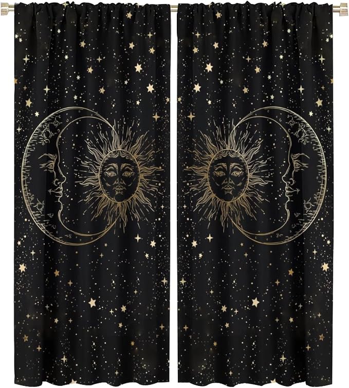 Sun Moon Blackout Windows Curtains, Golden Sun Moon and Stars Black Sky on Bohemian Style Curtains, for Living Room Bedroom 42x54in 2 Panels