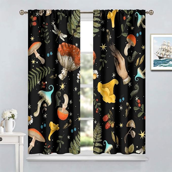 Retro Mushroom Curtains, Boho Rustic Vintage Botanical Mushroom Gothic Witch Wildflower Plant Print Blackout Window Treatments for Living Room Bedroom Kitchen 72x63in