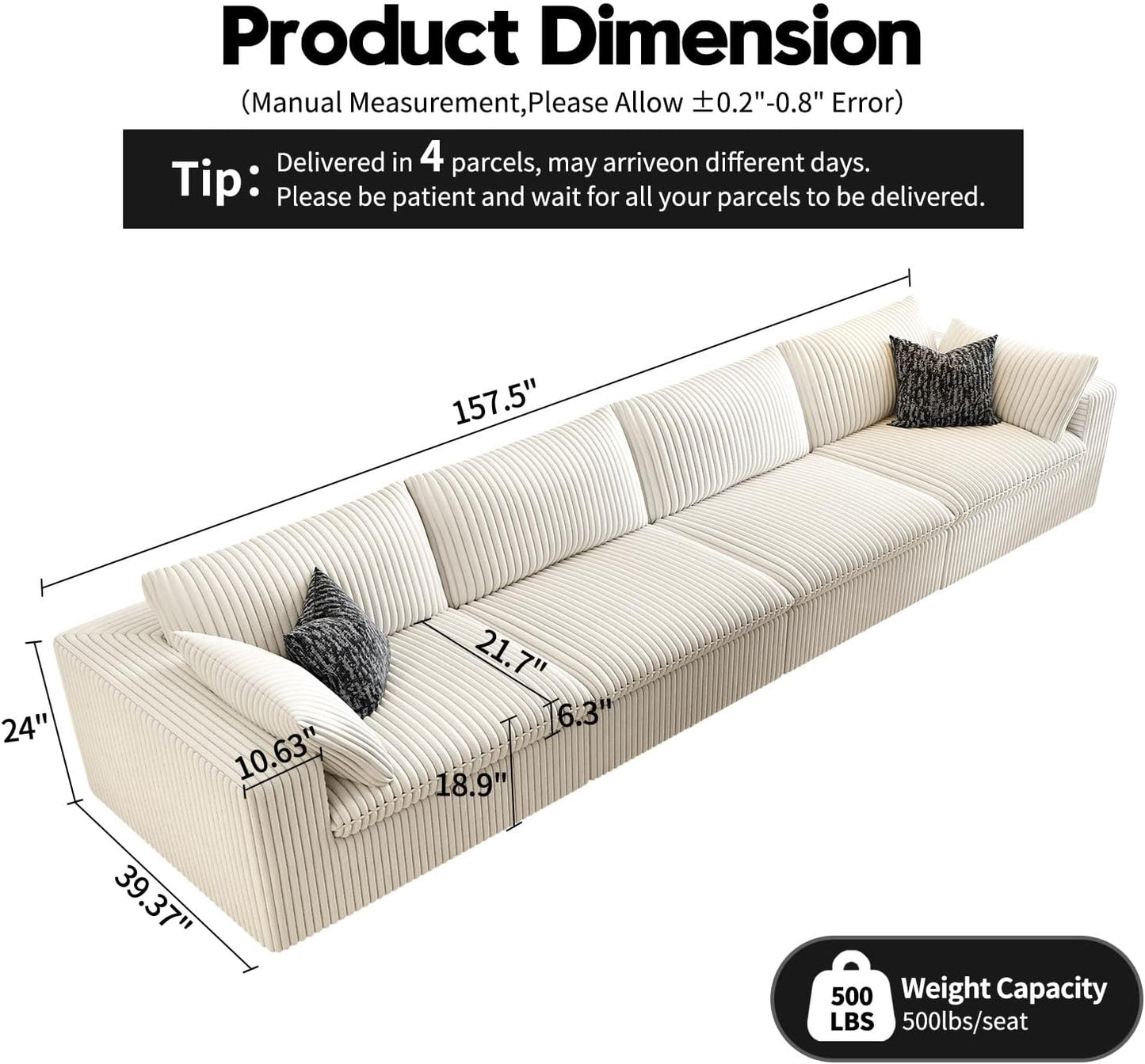 157.5" Cloud Couch Modular Sectional Sofa for Living Room,Modern Sofa with Deep Seat，4 Seater Boneless Couch,Comfy Upholstered Corduroy Couches for Apartment, Studio, Office,Bedroom，White