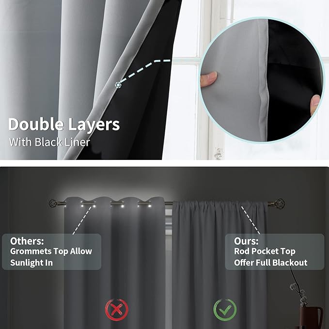 BGment Long Blackout Curtains for Living Room 90 Inch Length, Full Room Darkening Thermal Insulated Noise Reducing Rod Pocket Curtains Drapes, 46 Inch Wide, Light Grey, 2 Panels