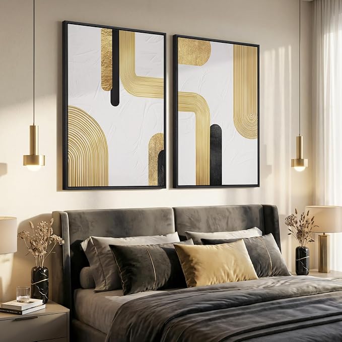 Large Framed Gold Abstract Wall Art Set of 2 for Living Room, Modern Minimalist Luxury Black White Canvas Artwork for Walls, Contemporary Line Painting Print Wall Decor for Bedroom Office, 24x36 Inch