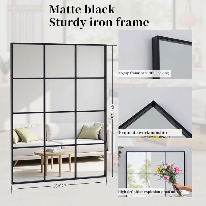 Dewfig Rectangle Window Mirror Wall Mounted, 30"x47"in Window Pane Mirror Wall Decor Metal Framed, Large Black Mirrors for Bedroom Living Room Fireplace Entryway Hanging or Leaning Against Wall,Black