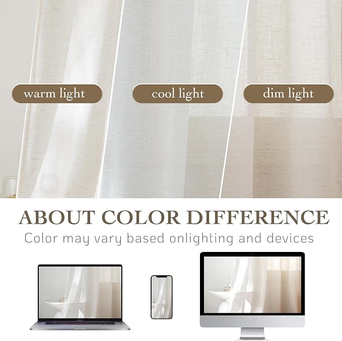 RYB HOME Linen Sheer Curtains Light & Airy Translucent Privacy Protected Vertical Panels for Bedroom Living Room, Rod Pocket & Back Tab, Ivory, W 52 x L 95 inch, 2 Panels